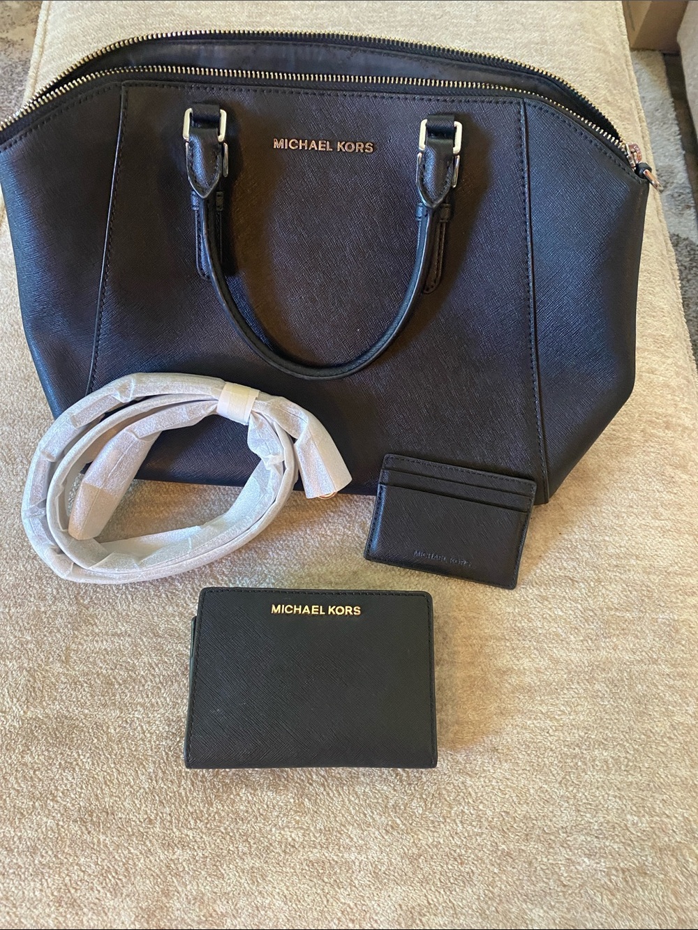 Michael Kors Black Saffiano Dome Satchel with Wallet and Cardholder